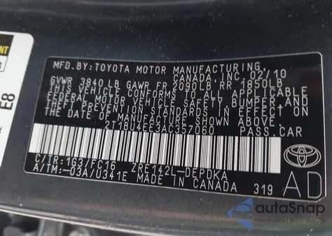 2010 Toyota Corolla Le from USA, damaged, VIN 2T1BU4EE3AC357060